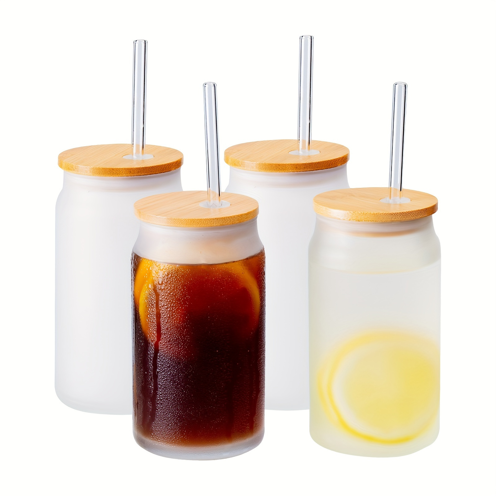 Drinking Glasses with Bamboo Lids and Glass Straw 4pcs Set -  16oz Can Shaped Glass Cups, Beer Glasses, Iced Coffee Glasses,- 2 Cleaning  Brushes, Drinking Glasses 4 pack 16 oz: Mixed Drinkware Sets