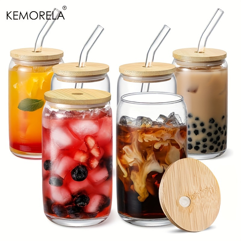  Finew 8PCS Drinking Glasses with Bamboo Lids and Straws, Glass  Cups Set, 16oz Beer Can Shaped Glasses, Iced Coffee Cups, Cute Tumbler Cup,  for Whiskey, Wine Cocktail Boba Tea Gift 