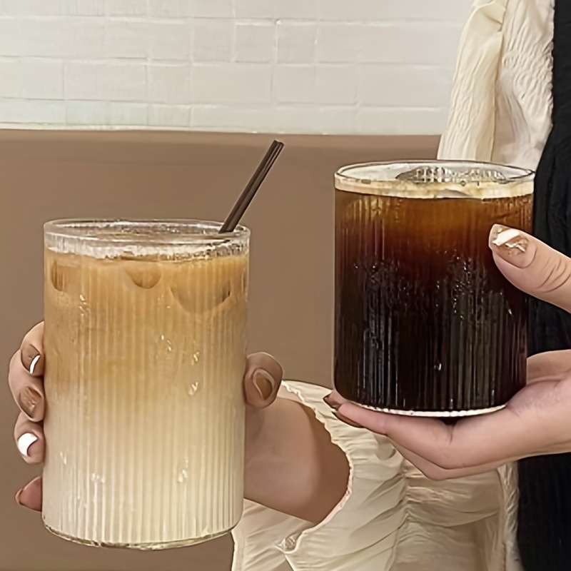 1pcs,13oz Vertical Stripe Glass Cup,Iced Coffee Cup with Lid and Straw,Ribbed Glassware,Drinking Glass,Vintage Glassware Cocktail Glasses for Cocktail