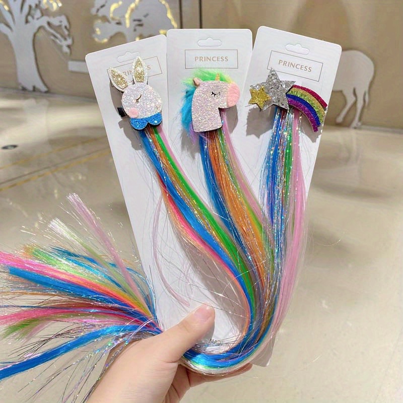 6pcs Colorful Unicorn Hair Extensions For Little Girls,kawaii Hair Clips  Ombre Color Hair Accessories For Kids Birthday Gift,princess Costume Dress  Up