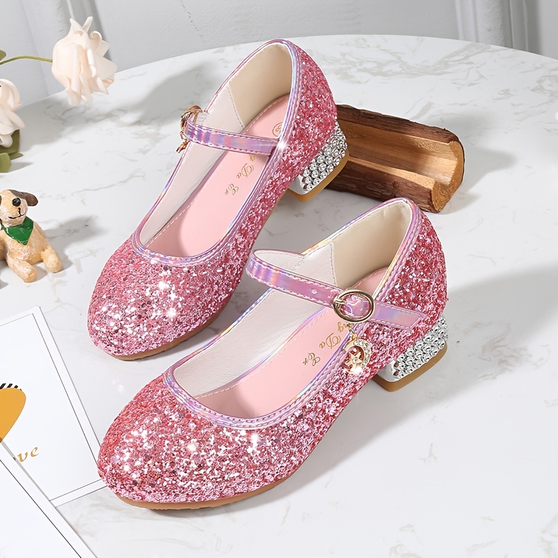 Zapatos de tacón bajo para niñas pequeñas, lentejuelas con purpurina,  flores de princesa, tacones bajos, para fiesta, espectáculo y baile para  niñas