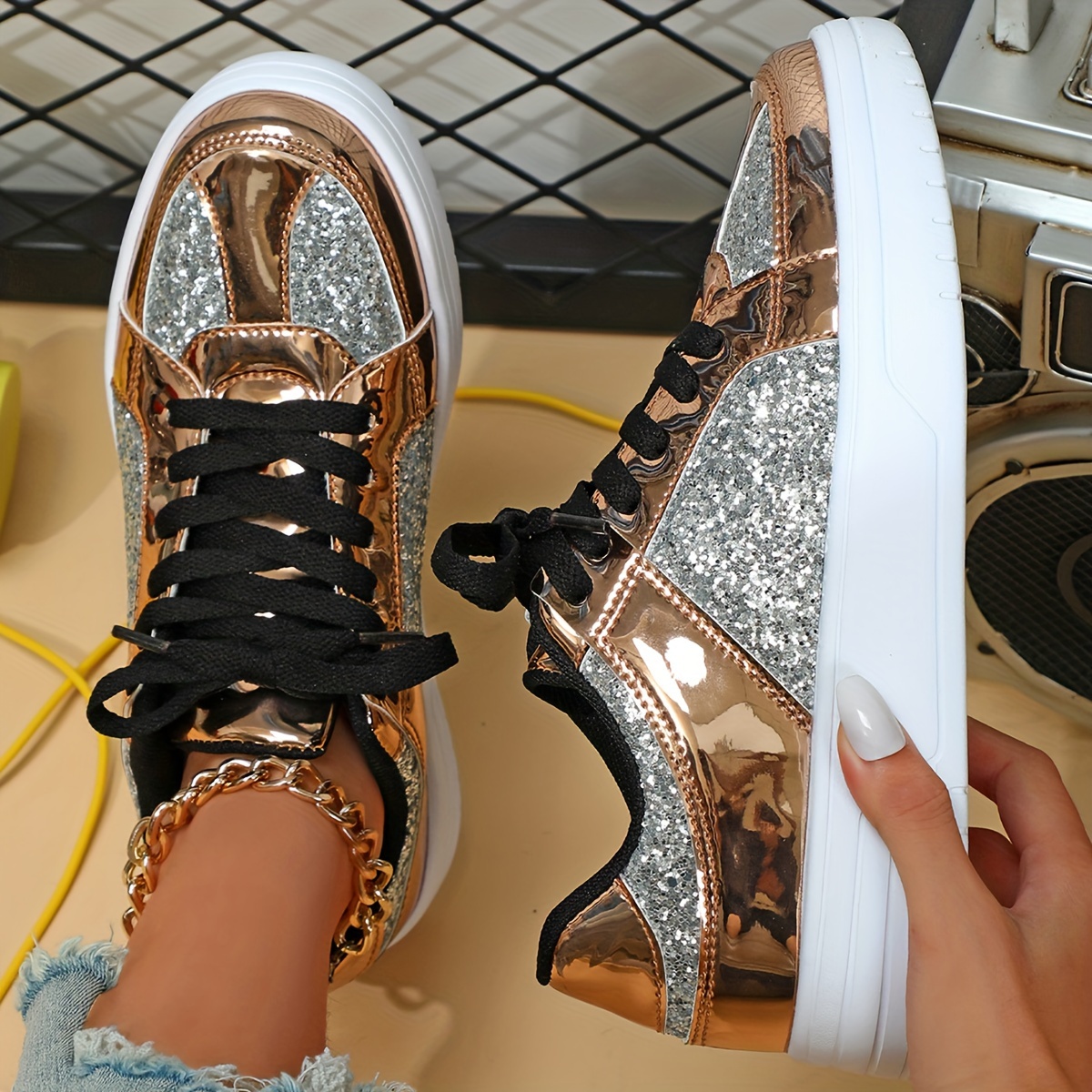 Solid Color Sneakers, Women's Sequin Decor Sparkly Fashion Lace Up Comfy Thick Bottom Sneakers,Temu