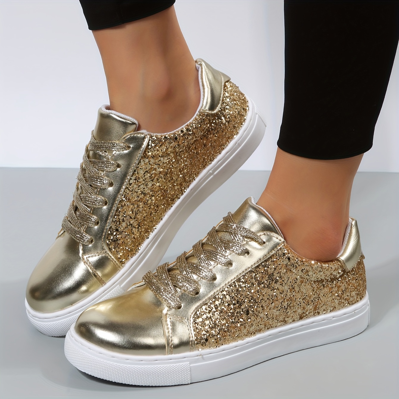 Solid Color Sequins Glitter Sneakers, Women's Decor Stylish Lace Up Lightweight Sport Sneakers,Women Tennis Shoes,Temu