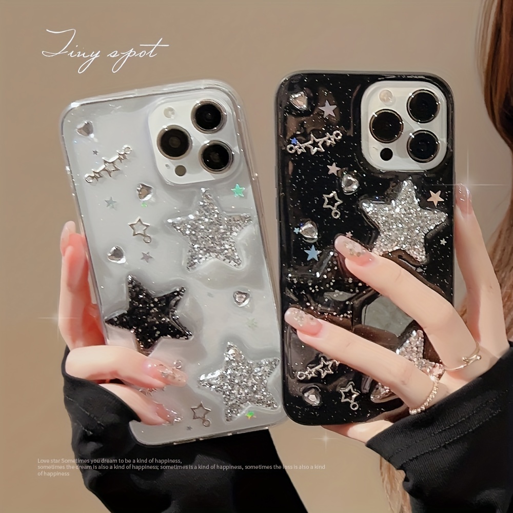 For iPhone 15 Pro Max 14 Plus 13 Bling Glitter Star Bowknot Clear TPU Case  Cover