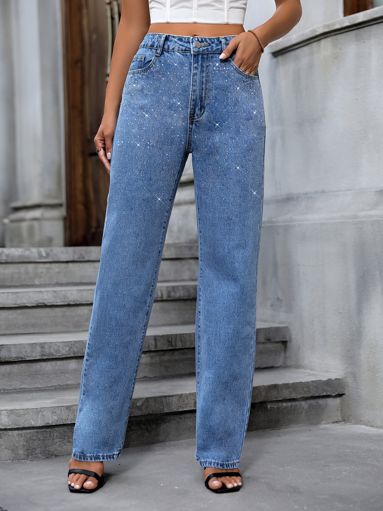 Jeans straight-fit com pormenores rotos decorativos - Menina