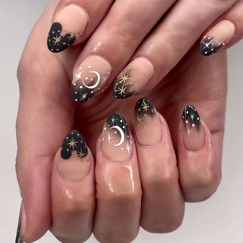 24pcs Set Mysterious Style False Nails with Moon Star Charm
