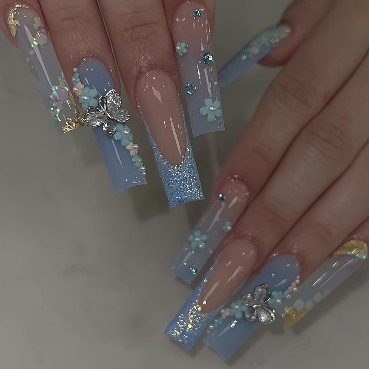 Colorful Rhinestone French Tip Press On Nails With Blue - Temu