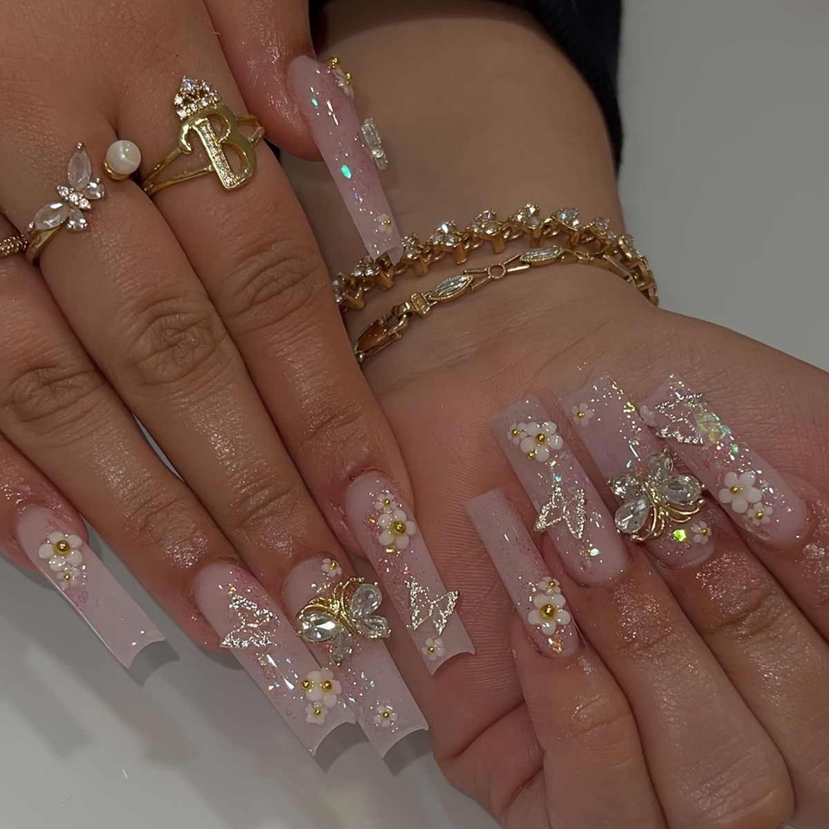 Nude French Tip Press On Nails Long Bling Snake Rhinestone - Temu