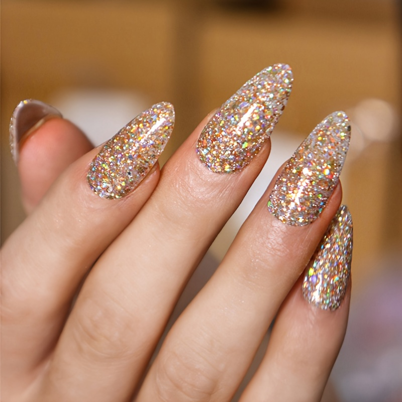 Glossy Medium Almond Fake Nails Glitter Cat Eye Press - Temu