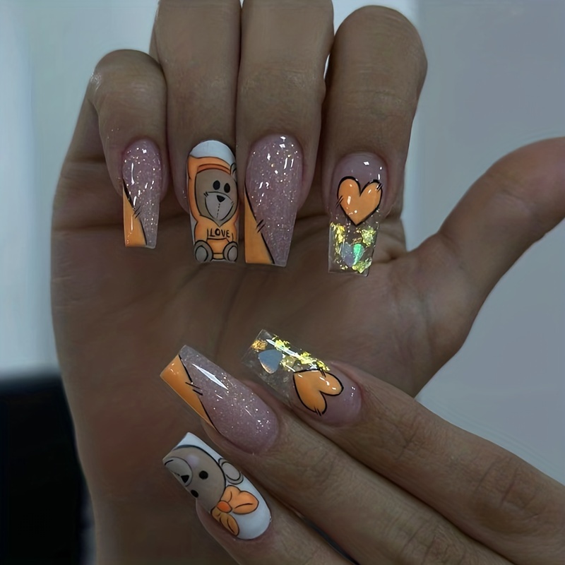 24pcs Cute Cartoon Fake Nails, Press On Nails With 3d Kawaii Bear Rabbit  And Heart Flower