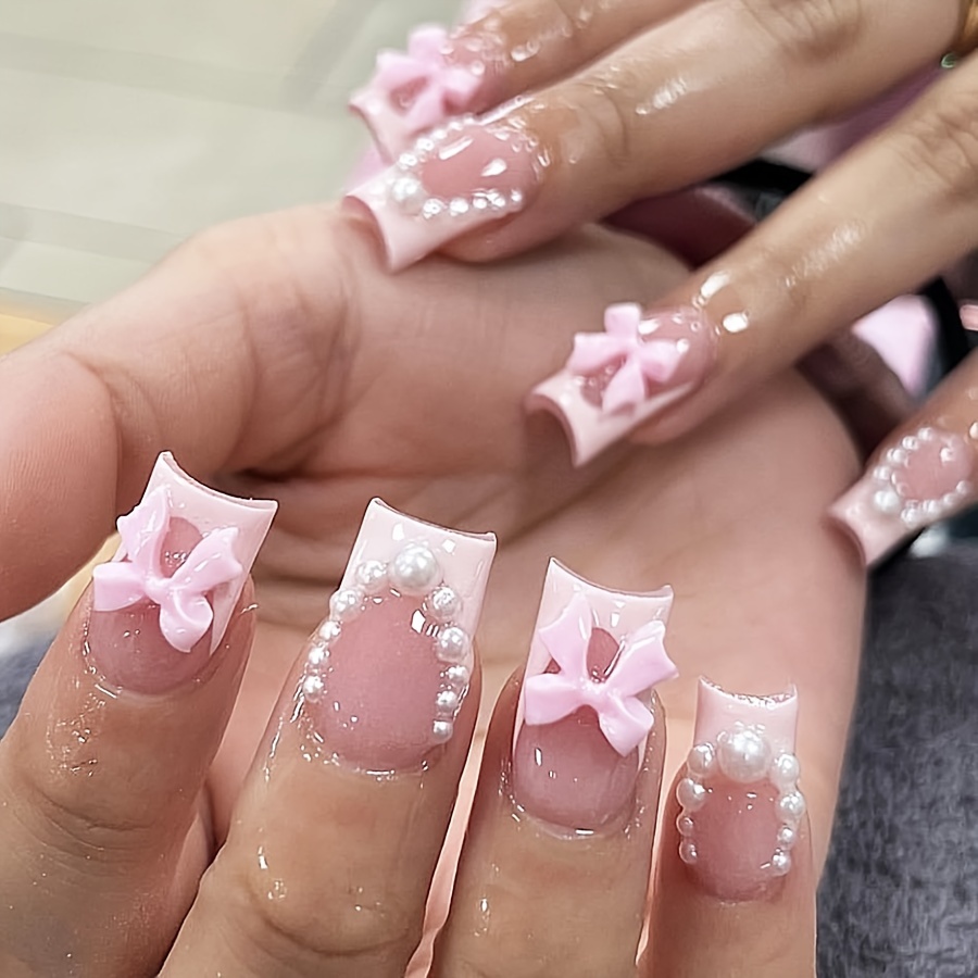 French Tip Press on Nails Long Square False Nails Tube Shape Pink Acrylic  Nails with Rhinestones 3D Cat and Heart Bow Designs Glue on Nails Glitter