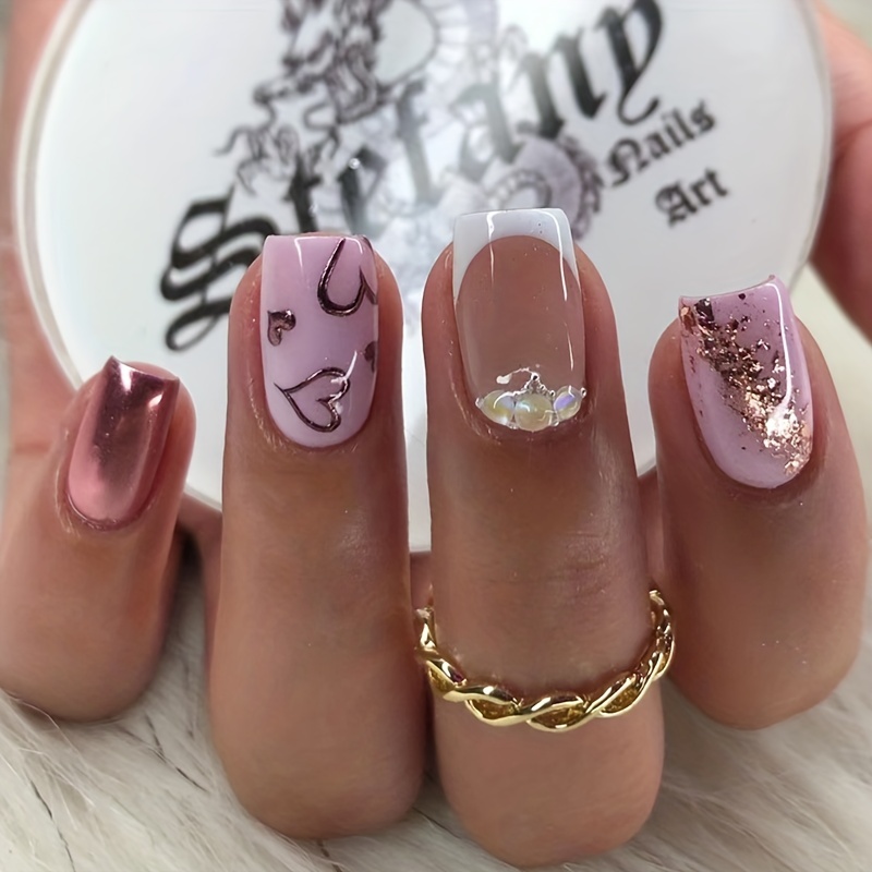 3d Heart Shaped Rhinestone Press On Nails - Y2k Almond Length - Glossy  False Nails For Women And Girls - - Temu