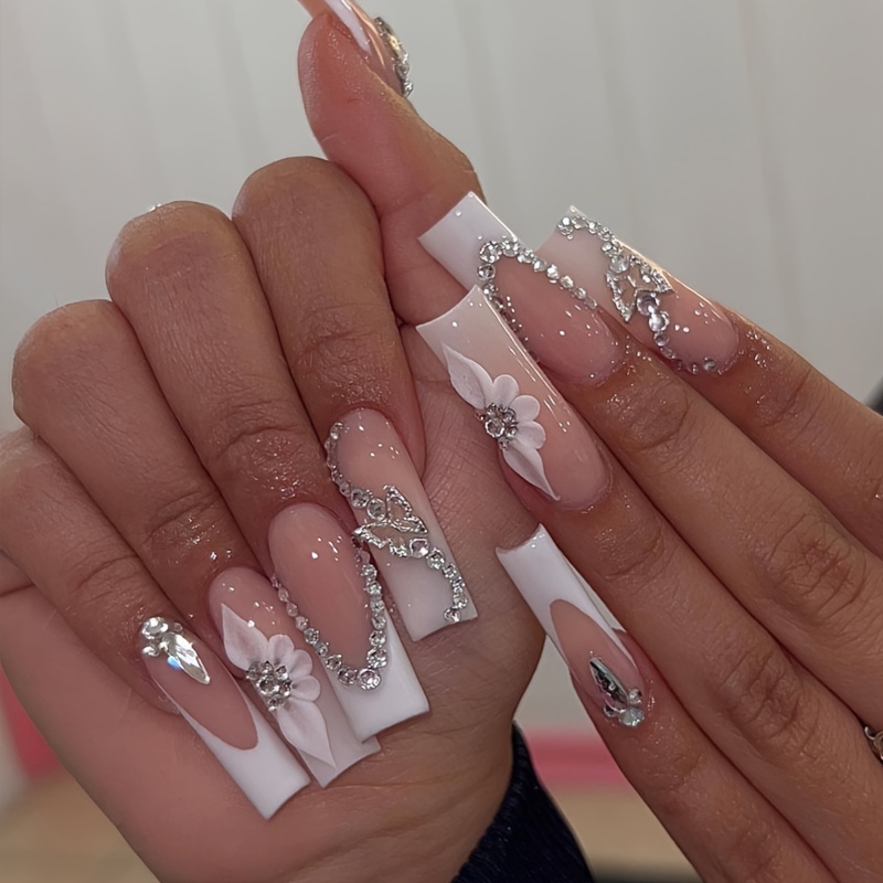  Flower Press on Nails Extra Long Square Shape Coffin White  Artificial Fake Nails Flash Diamond Crystal Glossy Full Cover Luxury  Graceful Fake Nails with Glue Designs for DIY Nail Art Salon