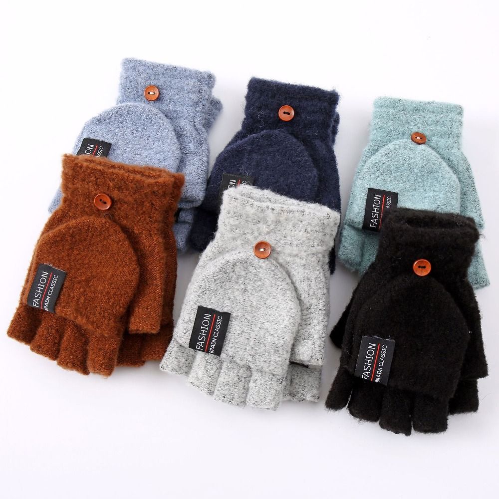 Unisex Flip Gloves Half Finger Warm Knitted Gloves Short Solid Color Fingerless Winter Gloves