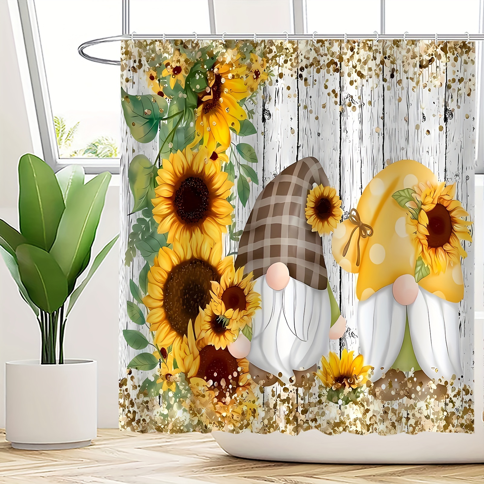 Funny Bee Gnome Shower Curtain Buffalo Plaid White Daisy For Bathroom Decor