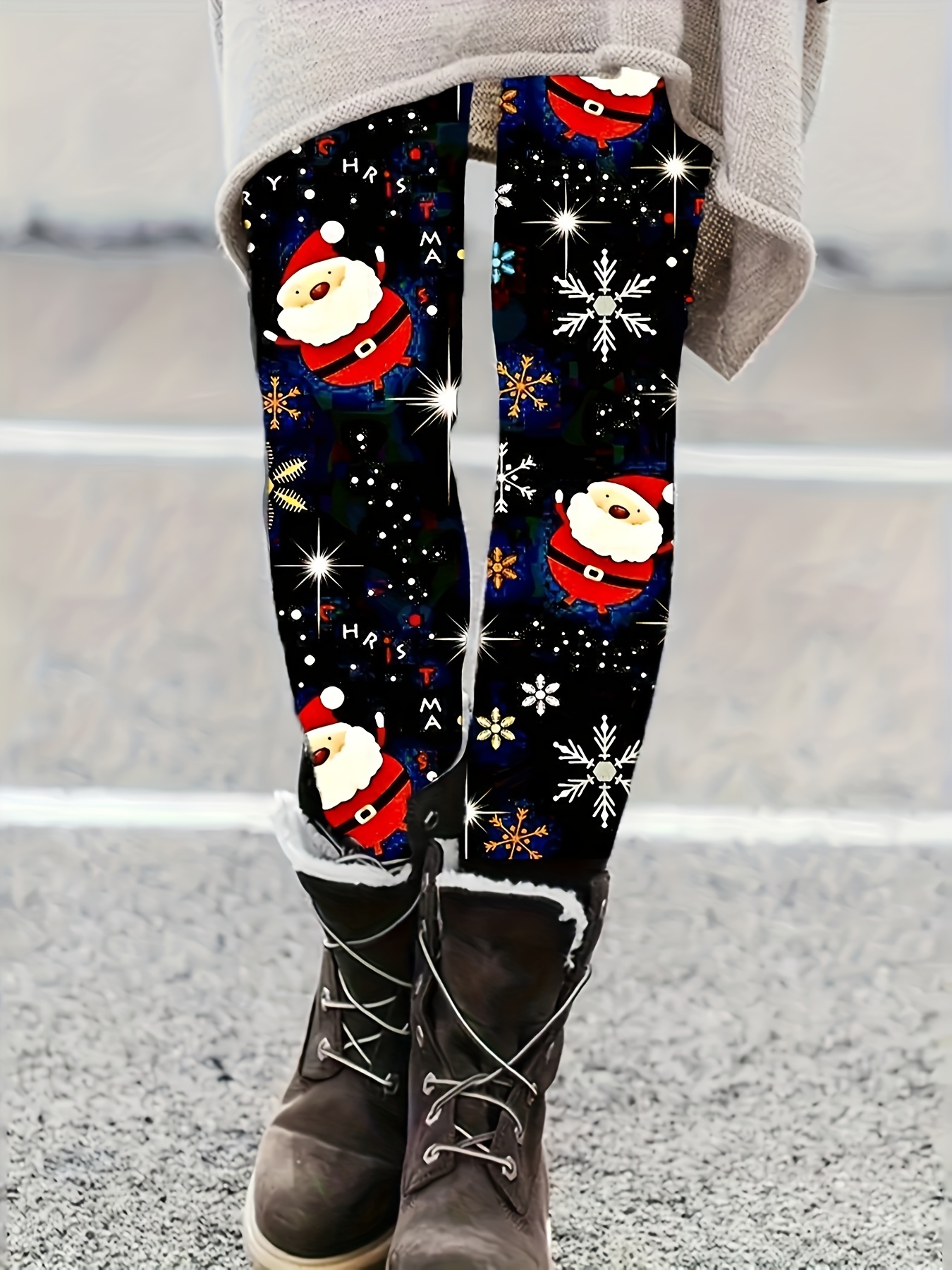 Christmas Gnome Print Skinny Leggings, Casual High Waist Thermal Leggings  For Fall & Winter, Women's Clothing