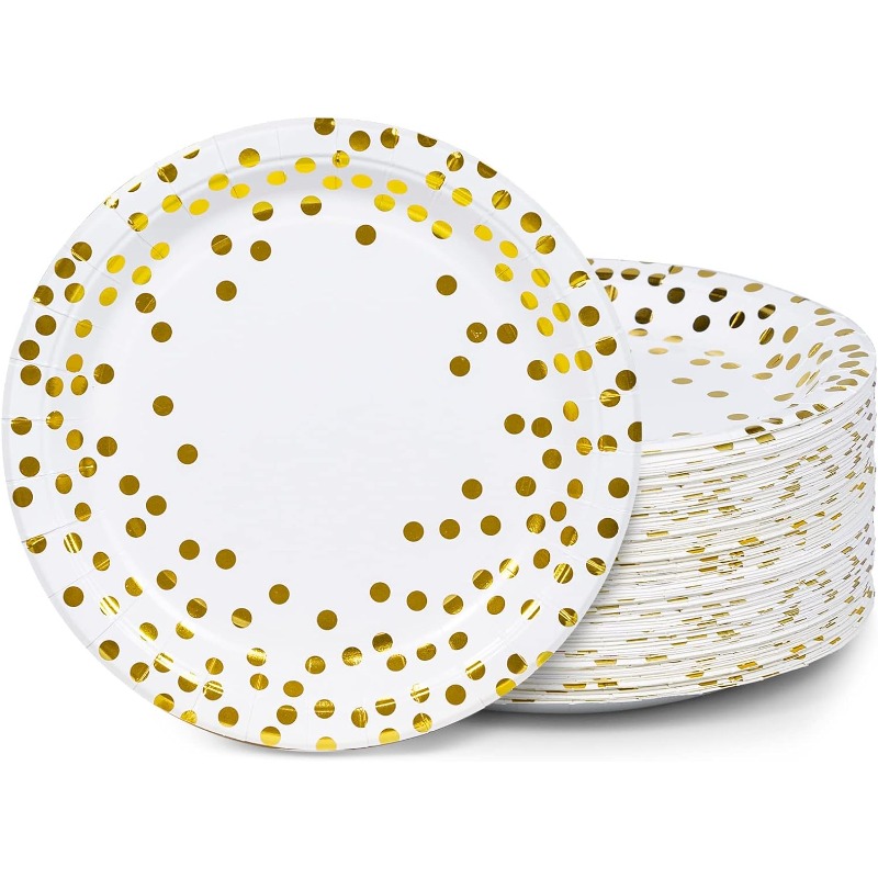 Gold Foil Polka Dots Disposable Thick Paper Plates For Cake And