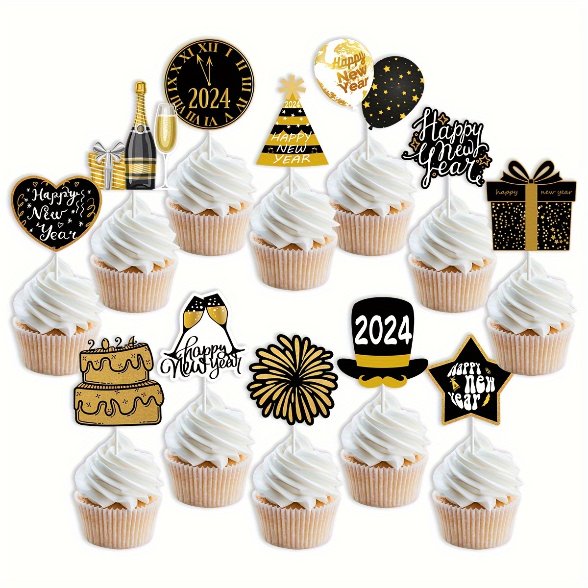 Set, Eight Pieces Of New Year Cross-border Party Decoration Imitation Hot  Stamping Powder-free Topper 2024 New Year Theme Party Cake Topper