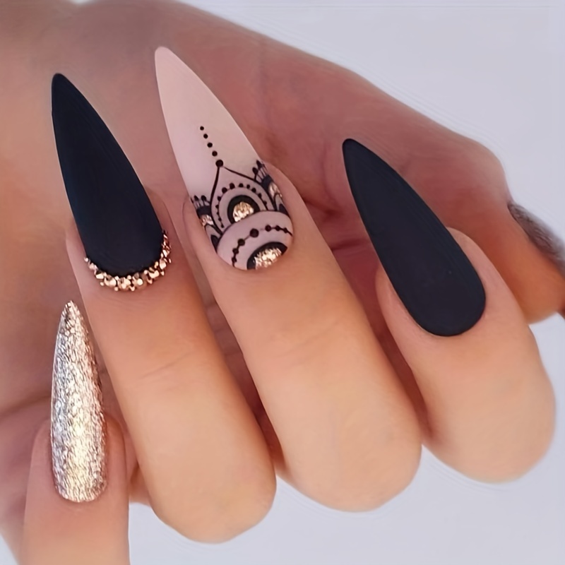 nail design black and gold - Temu