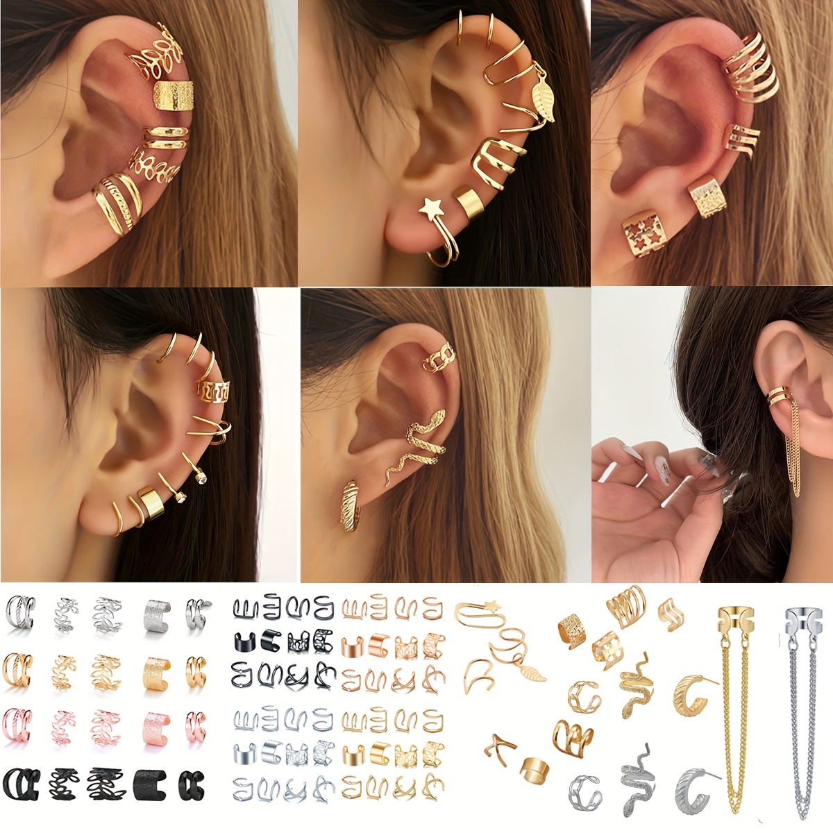 5Pcs Ear Cuff Earrings Non-Pierced Wrap Clip On Punk Rock Gold Cuff Jewelry  Gift