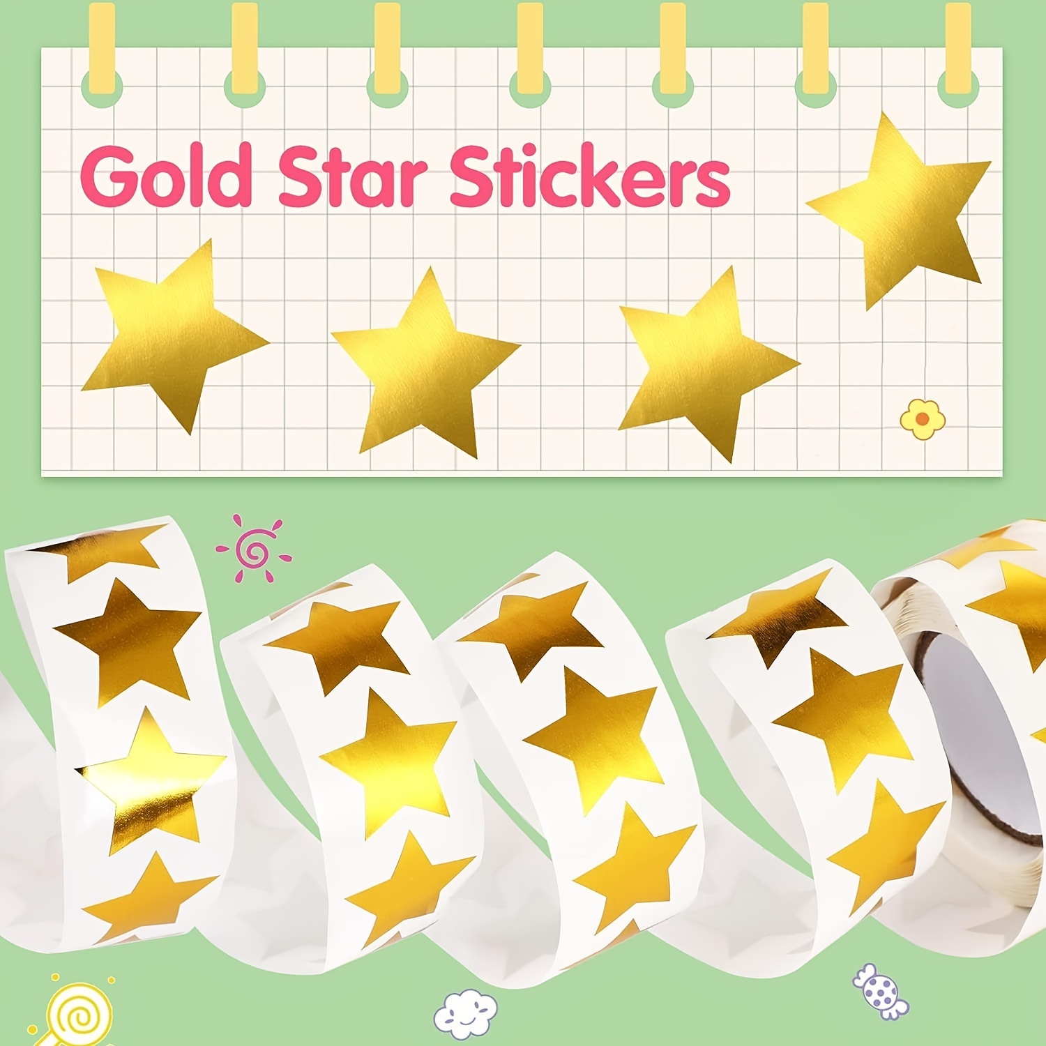 1 Roll Gold Star Stickers Aluminized Paper For Kids Reward At