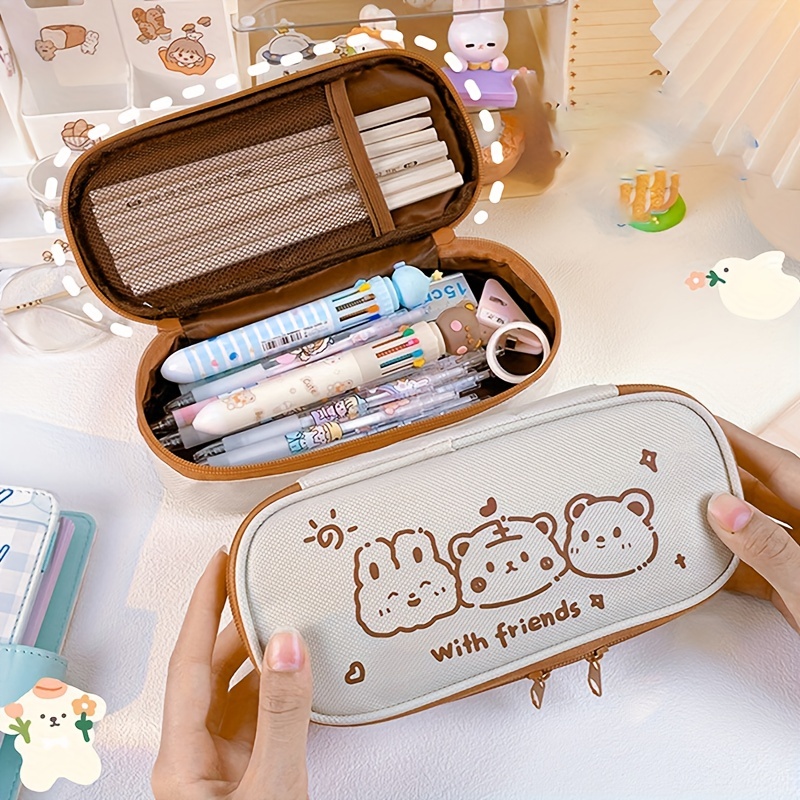 DanceeMangoos Cute Canvas Pencil Pouch for Girls Teens Student, Kawaii  Large Capacity Pencil Case Aesthetic Stationary Organizer Bag School  Supplies (Brown) 