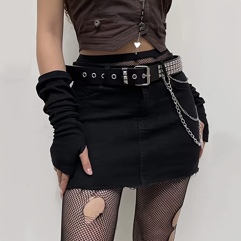 Cinturón de doble ojal para mujer – Cinturones punk de piel sintética con  cadena desmontable con cadena punk-rock de doble punta, cinturón de cuero