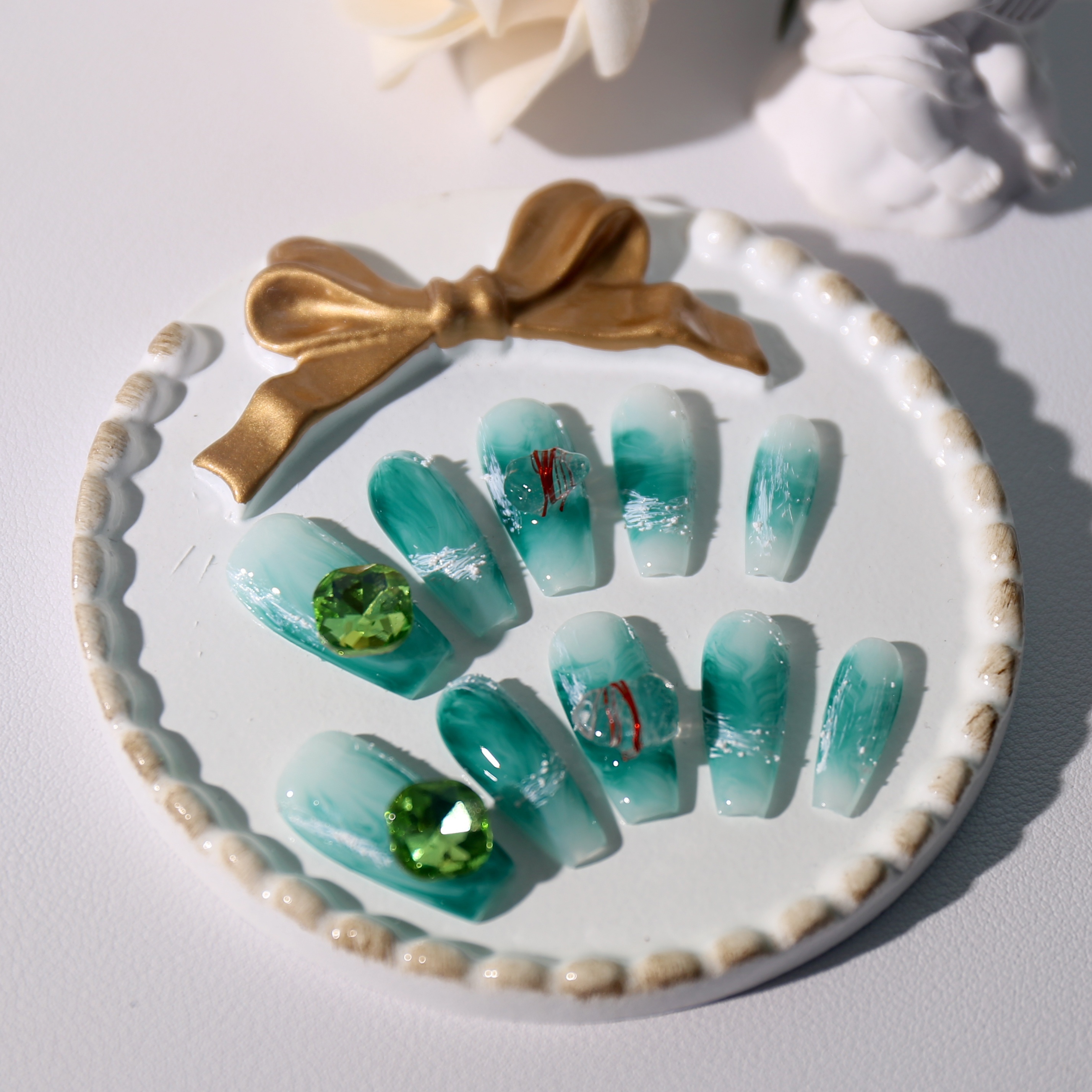 Jade polygel nails with gold flakes : r/Polygel