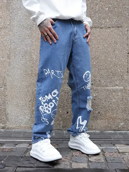 Ripped Loose Denim Street Pants - Loja de Moda Kawaii
