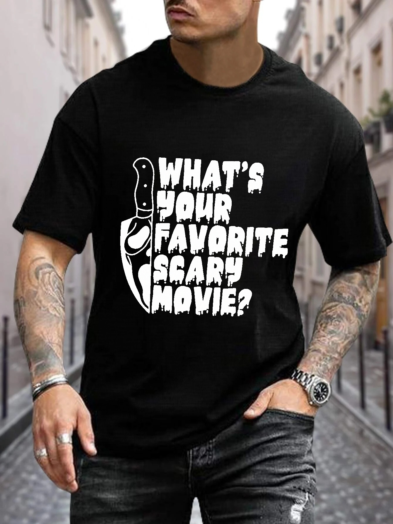 Let's Watch Scary Movies Skull Pattern Tee, Men's Casual Crew Neck