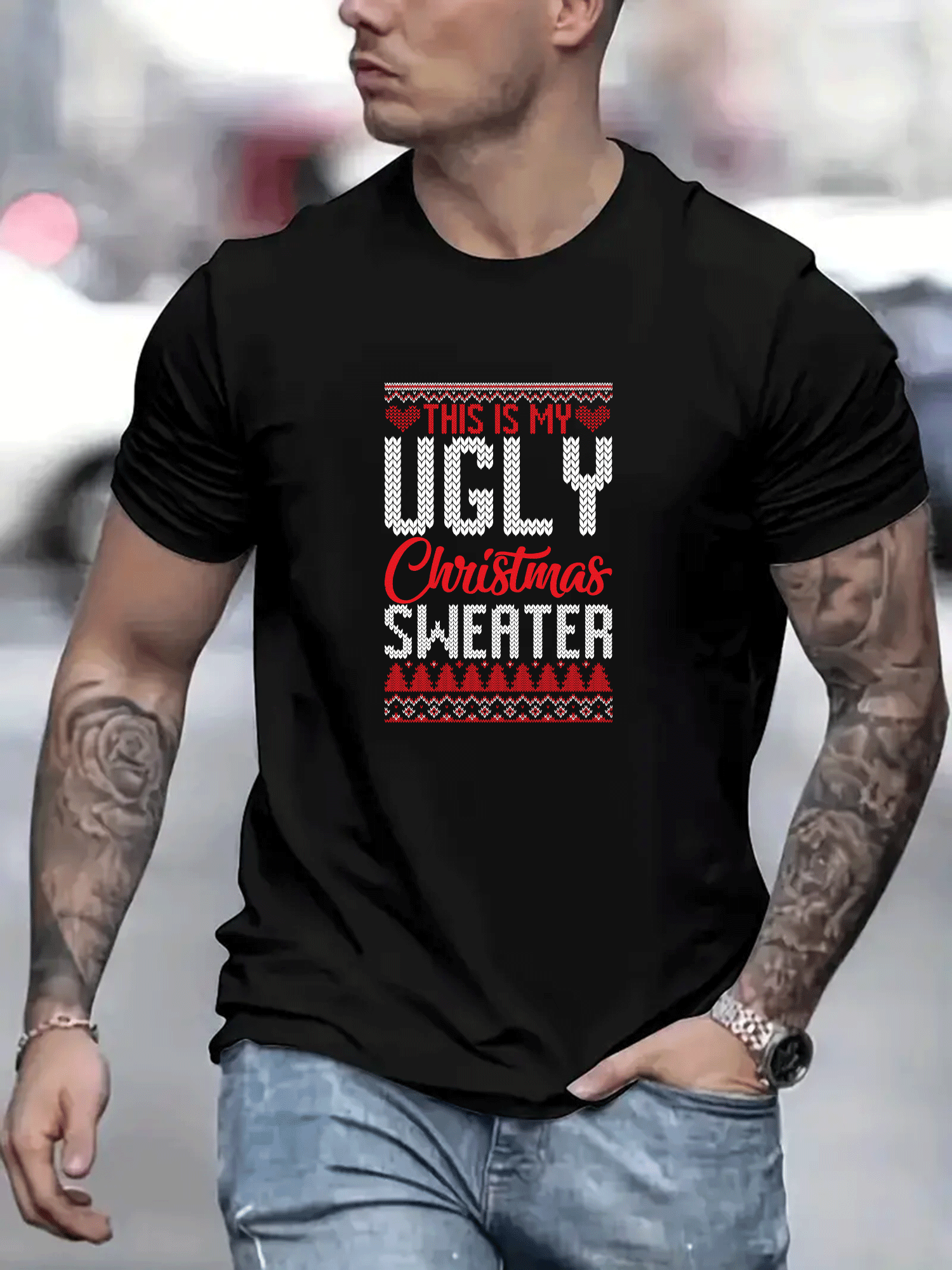 Mens Shirts Ugly Christmas 3D Muscle Print Graphic Tees Loose Fit