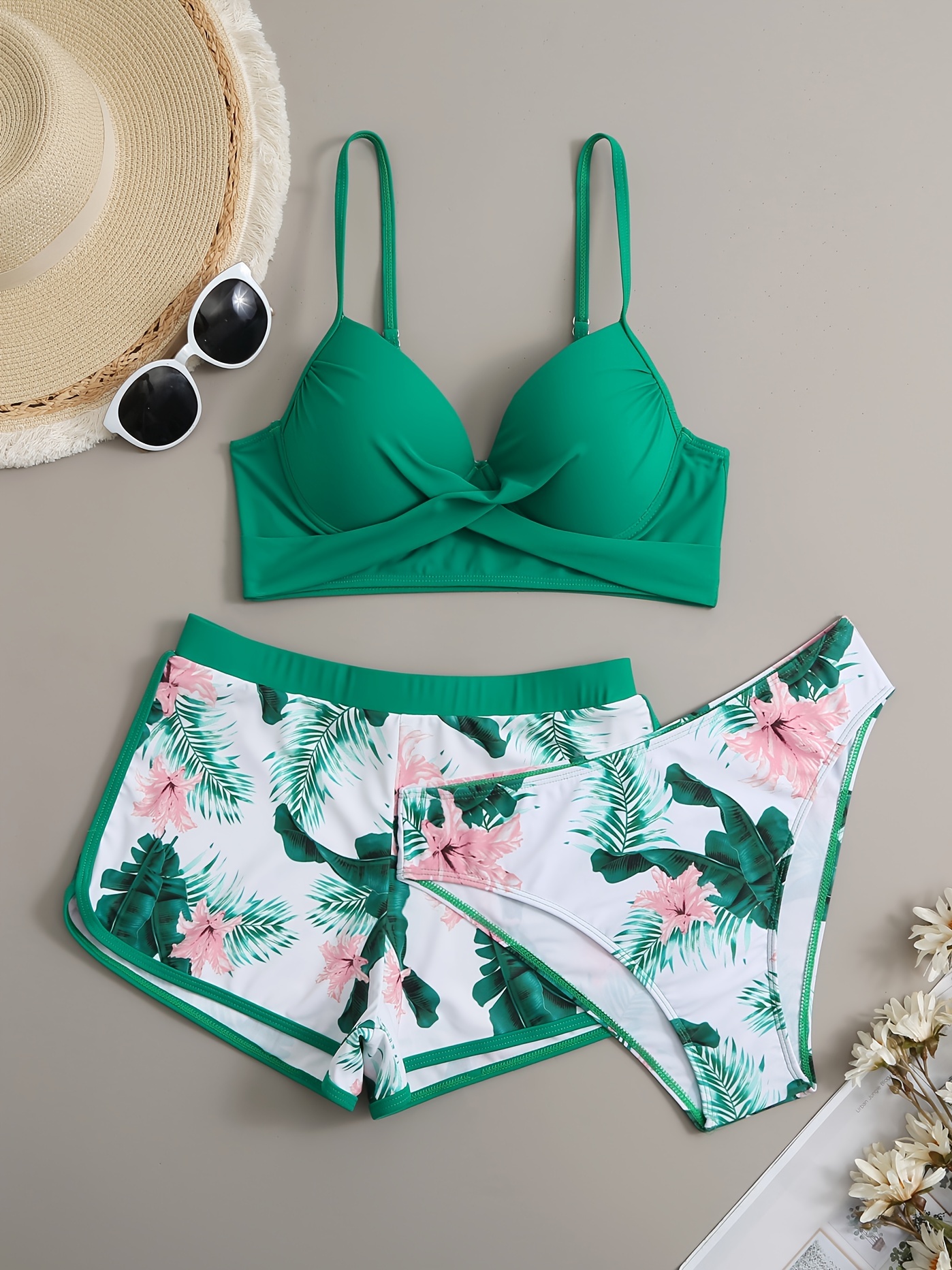 SHEIN Swim Classy Tropical Print Bikini Set Wrap Push Up Bra Top & Hipster  Bikini Bottom & Kimono 3 Piece Swimsuit