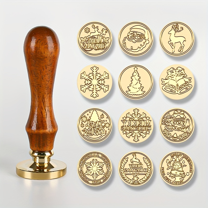 Juego de sellos de cera de Navidad, 6 sellos de cera de sellado, sellos de  cobre, 1 mango de madera, kit de sellos de cera para sobres de tarjetas