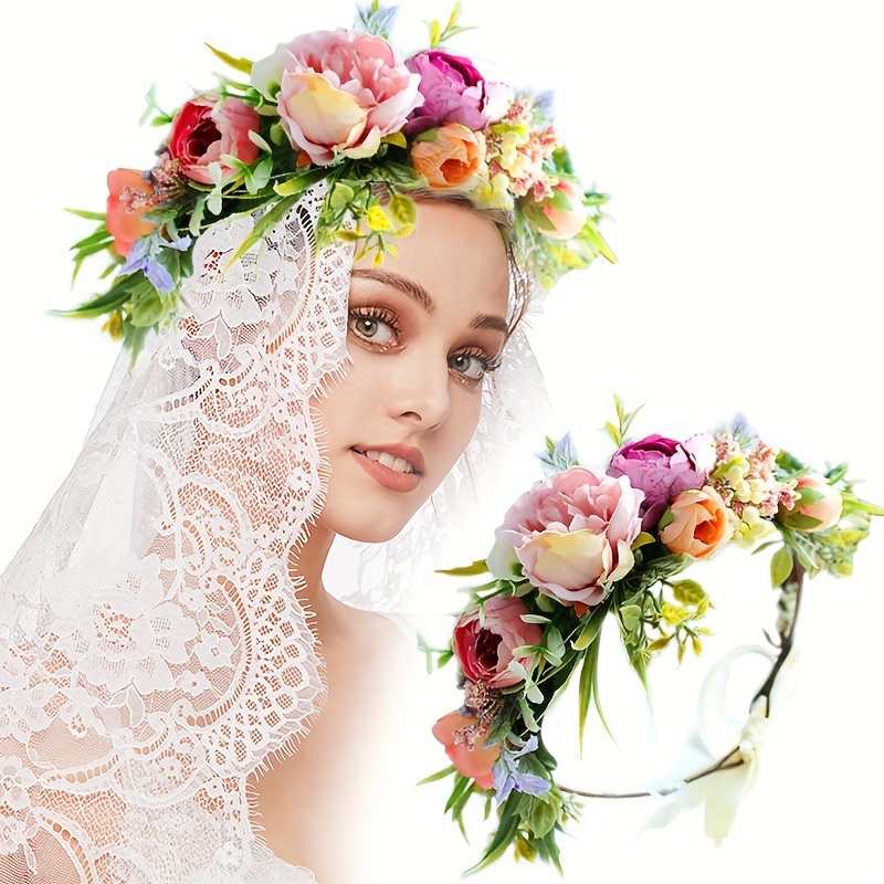 Ivory Floral Bridal Headband Veil Rhinestone Pearl Tulle Veil Fantasia  Hairband