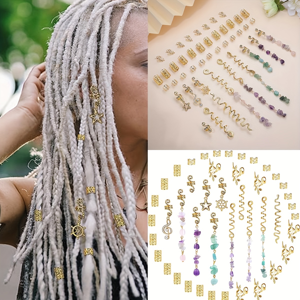 6pcs Colorful Natural Stone Tassels Hair Jewelry for Braids, Crystal Dreadlock Accessories Hair Charms for Women Girls, Christmas Gifts,Temu
