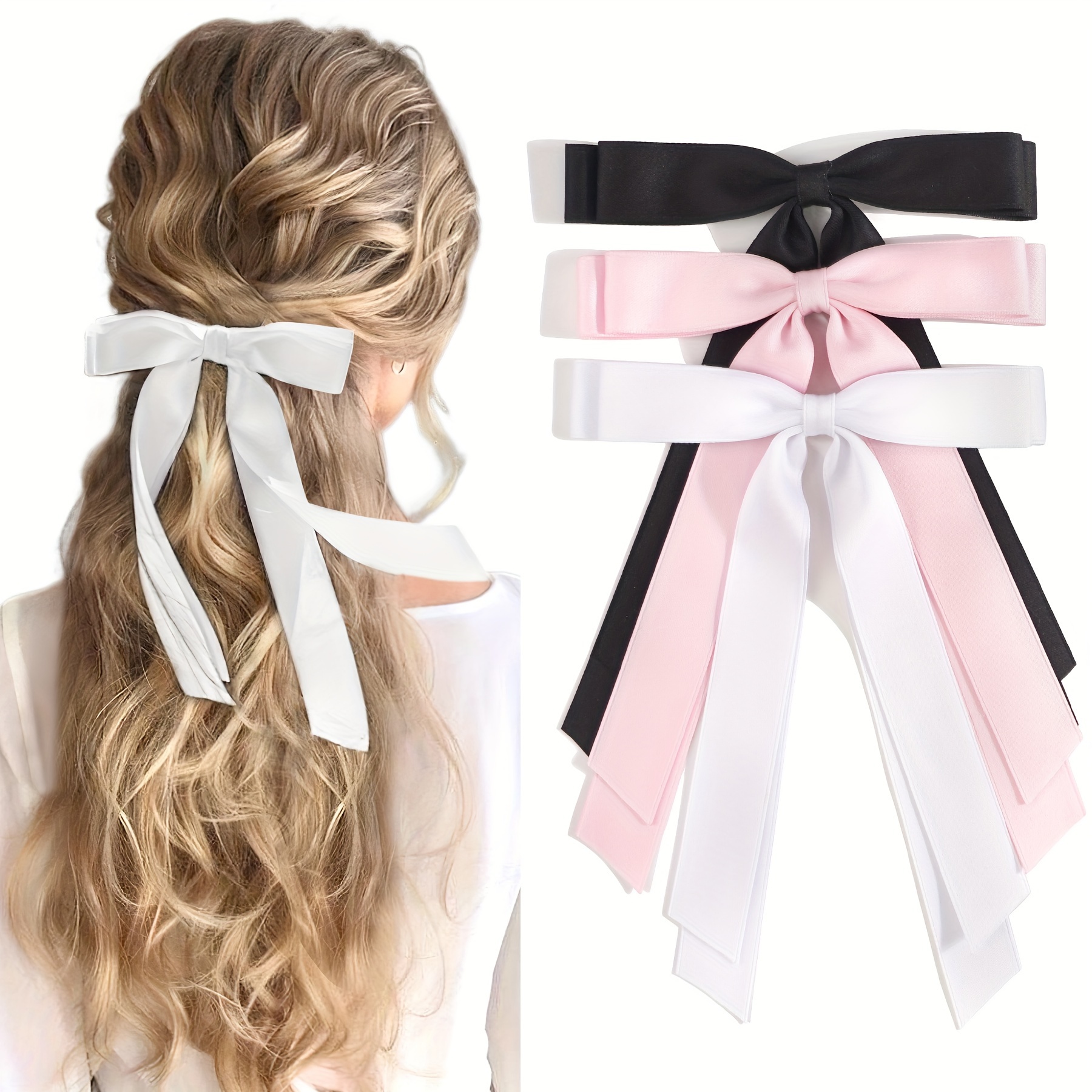3pcs/Set Large Satin Silk Bows Hair Claw Clips Ribbon Bowknot Hair Clips  Chiffon Butterfly Hair Barrettes With Long Tail Decorations Accessories For  Women