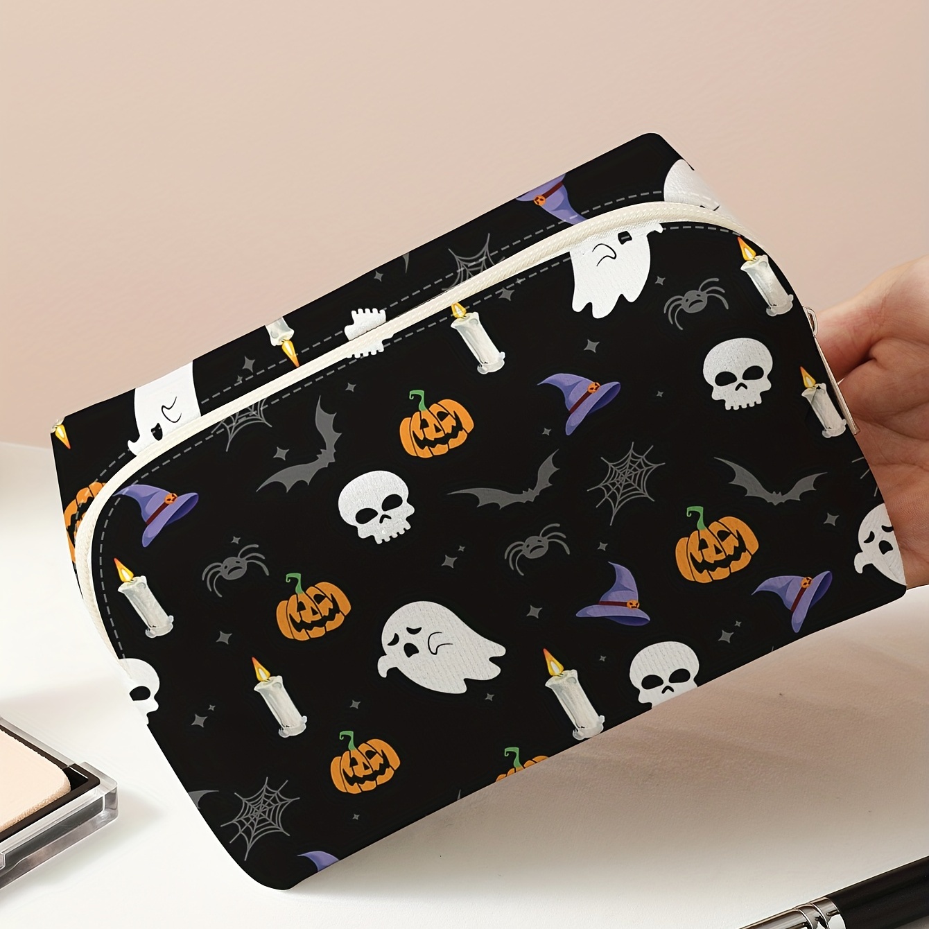 Halloween Skull & Bat Print Makeup Bag, Spider & Bat Print Cosmetic Bag,  Square Roomy Travel Toiletry Bag Accessories Organizer, Halloween Gift For  Men And Women - Temu