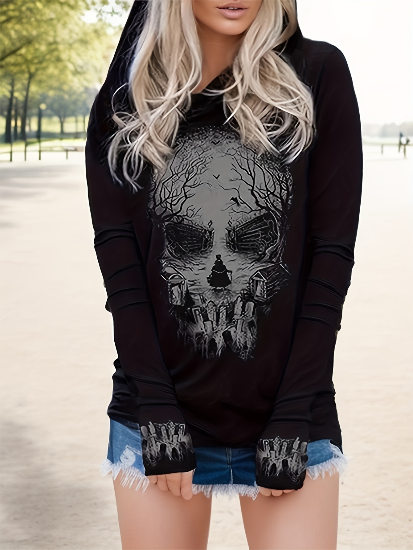 Halloween Skeleton Rhinestone Hoodie Y2k Long Sleeve - Temu