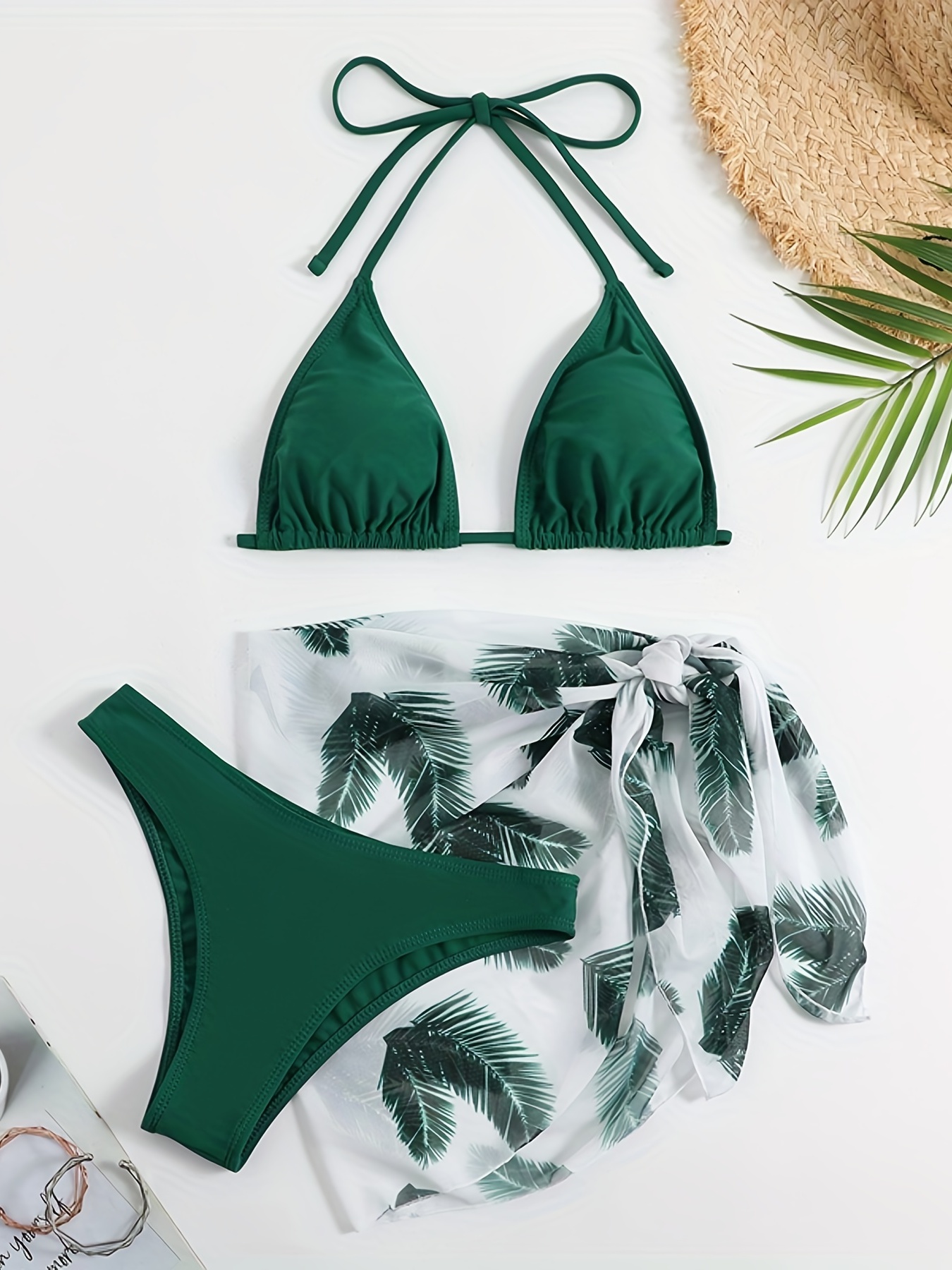 Plus Size Vacay Bikini Set, Women's Plus Solid Ruched Lace Up Front Bra &  Leaf Print Shorts Swimsuit 2 Piece Set