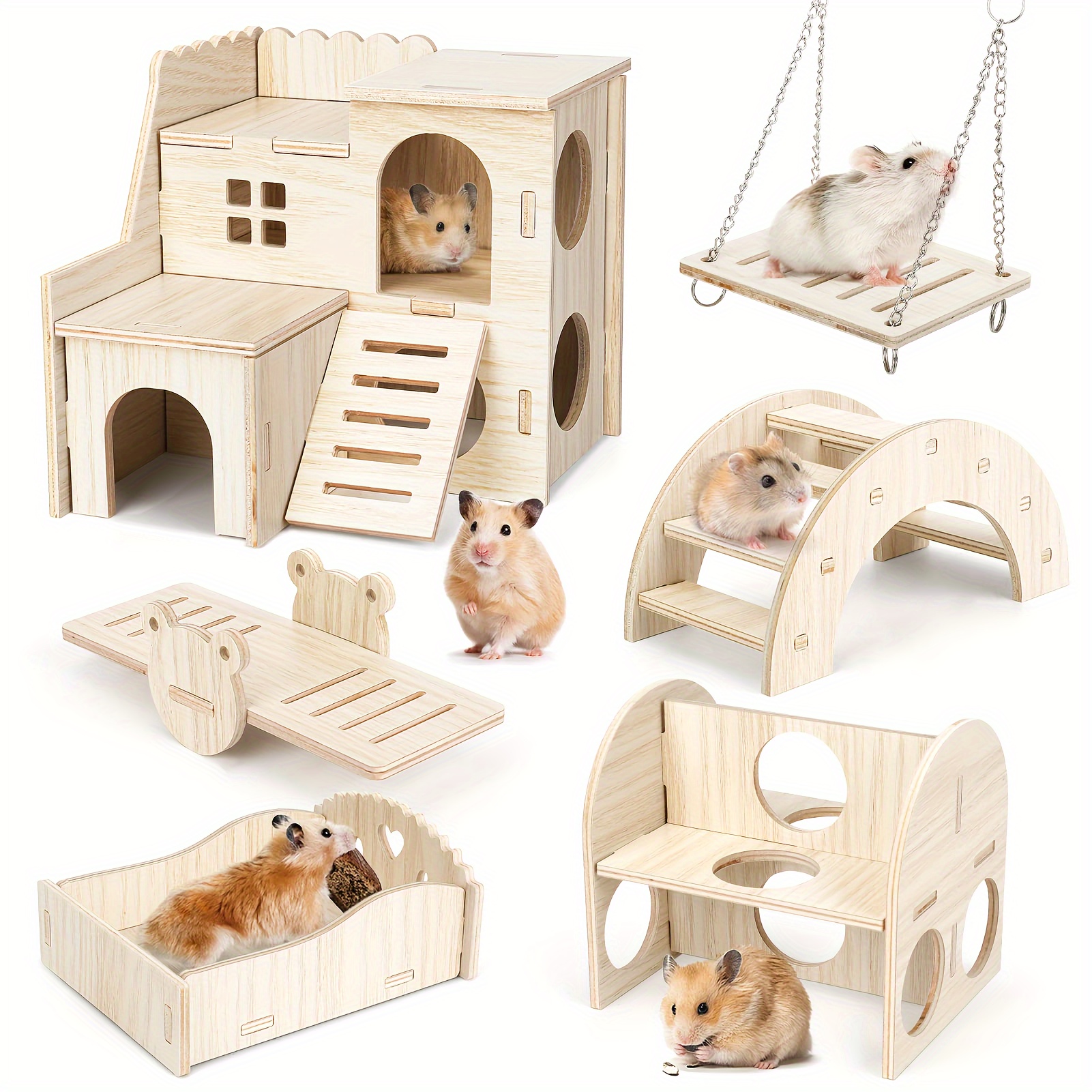Los juguetes de hámster de 5 piezas incluyen casa de hámster de madera,  conejillo de indias, escondite, puente arcoíris, hámster, balancín,  hámster