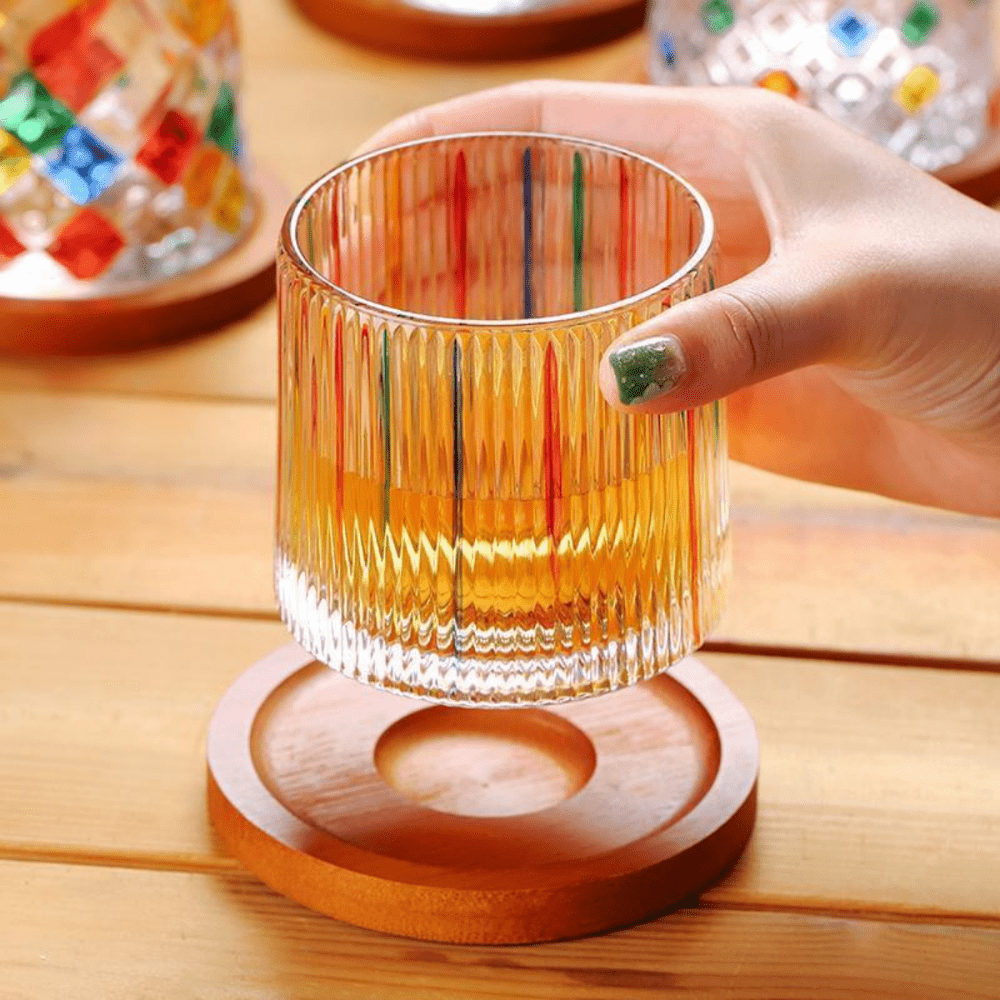 4pcs, 16oz Ribbed Glassware Set, Boho Flower Design Stackable Glass Cups,  Vintage Embossed Clear Striped Drinking Glasses Set, For Bar Beverages