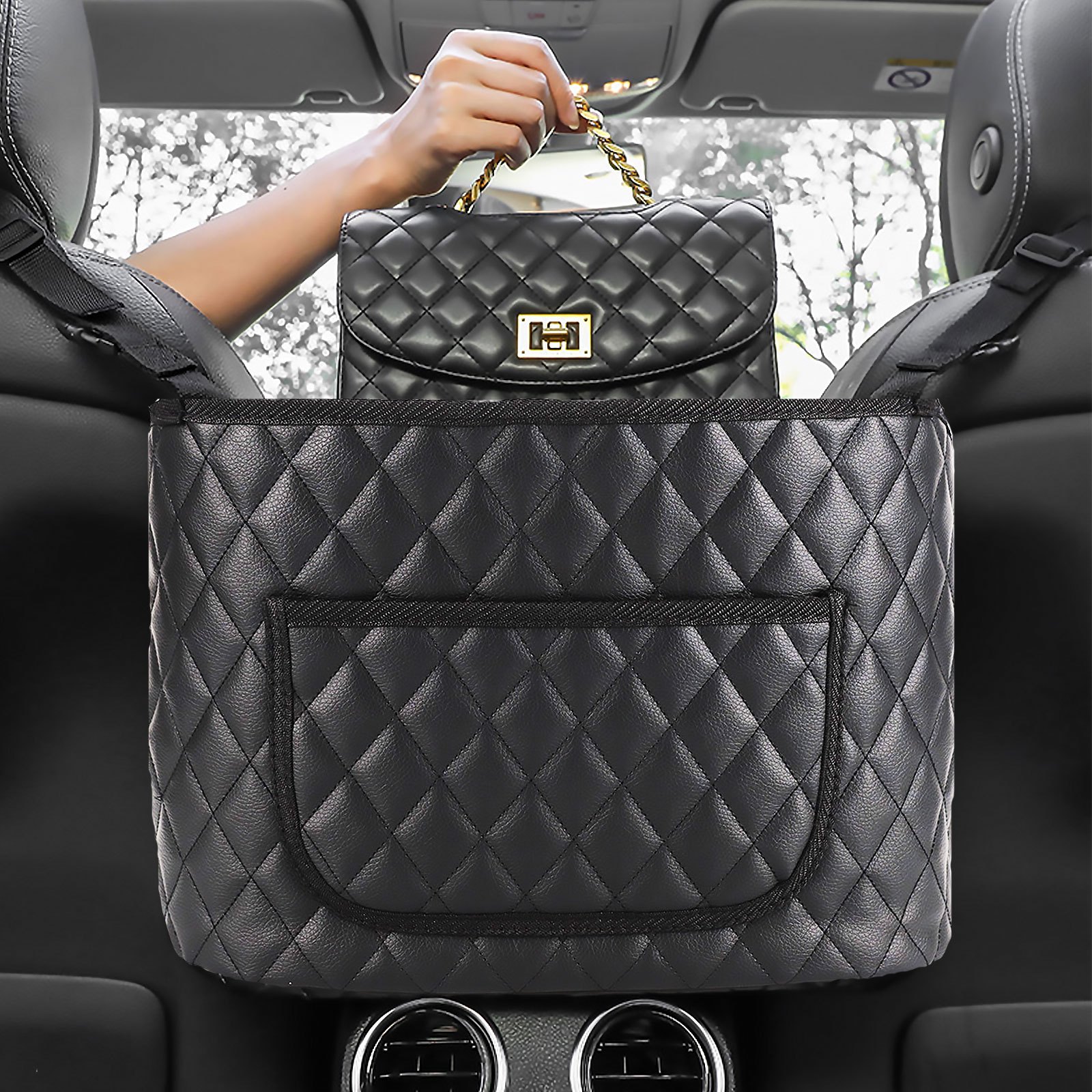  AMEIQ Car Organizer, Storage Bag Between Front Seats, Car Purse  Holder, Handbag Tissue Holder, Dog Pet Barrier, Pocket Container, Black  Leather : Automotive
