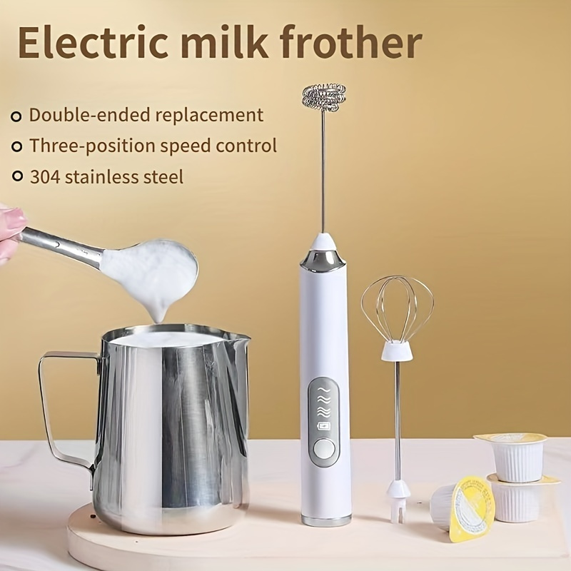 Espumador de leche recargable de mano para hacer espuma eléctrica con 2  batidores de acero inoxidable, mini licuadora ajustable de 3 velocidades