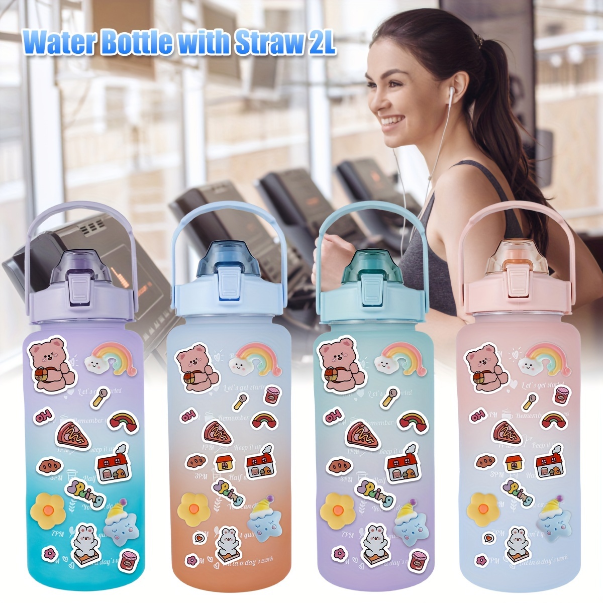 Botella de agua de 2 litros con pajita degradada, botella de agua para  Fitness, regalo al aire libre, botella de agua con marcador de tiempo,  Drinkware para hombres y mujeres - AliExpress