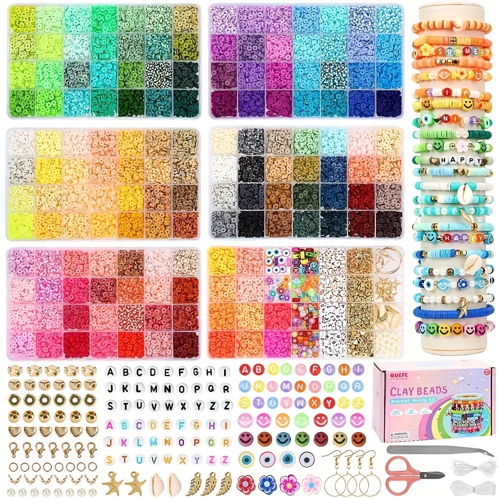 QUEFE 72 Colors Clay Beads for Bracelet Making Kit Flat Round Polymer Clay  Beads Spacer Heishi Beads for Jewelry Making with Random Pendant Charms Kit