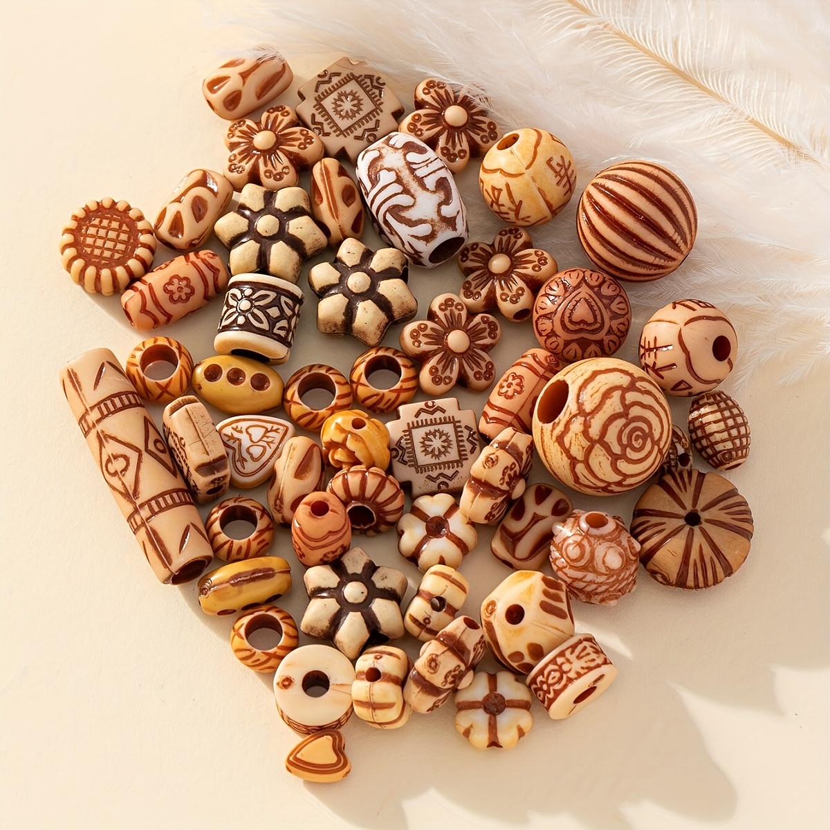 Printed Wooden Beads Mixed Size Shape Macrame Beads - Temu