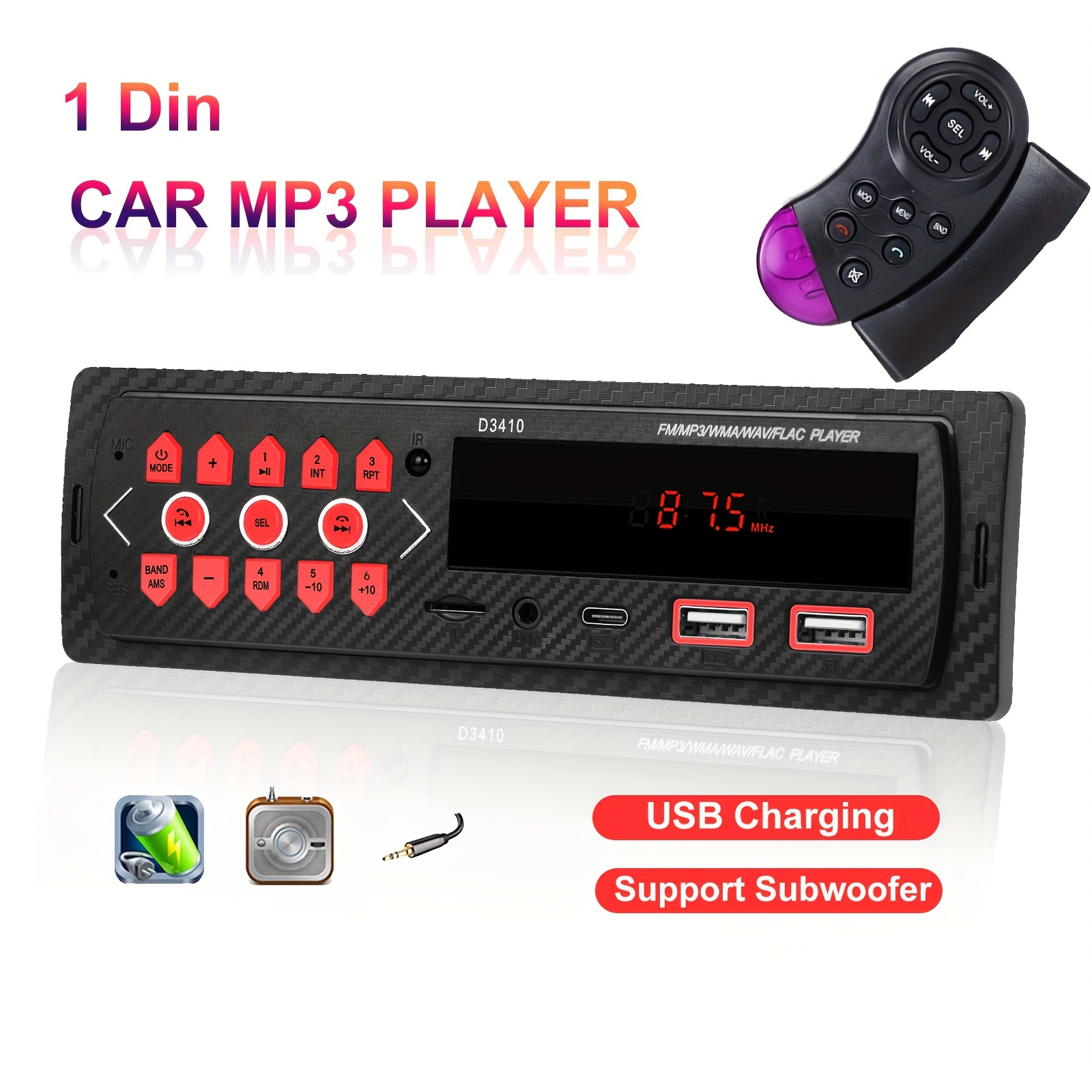 Solo DIN Radio estéreo con Bluetooth 1 DIN, en el tablero de soporte de la  radio FM estéreo para coche de control de aplicaciones de audio digital,  reproductor de música MP3/Mic doble