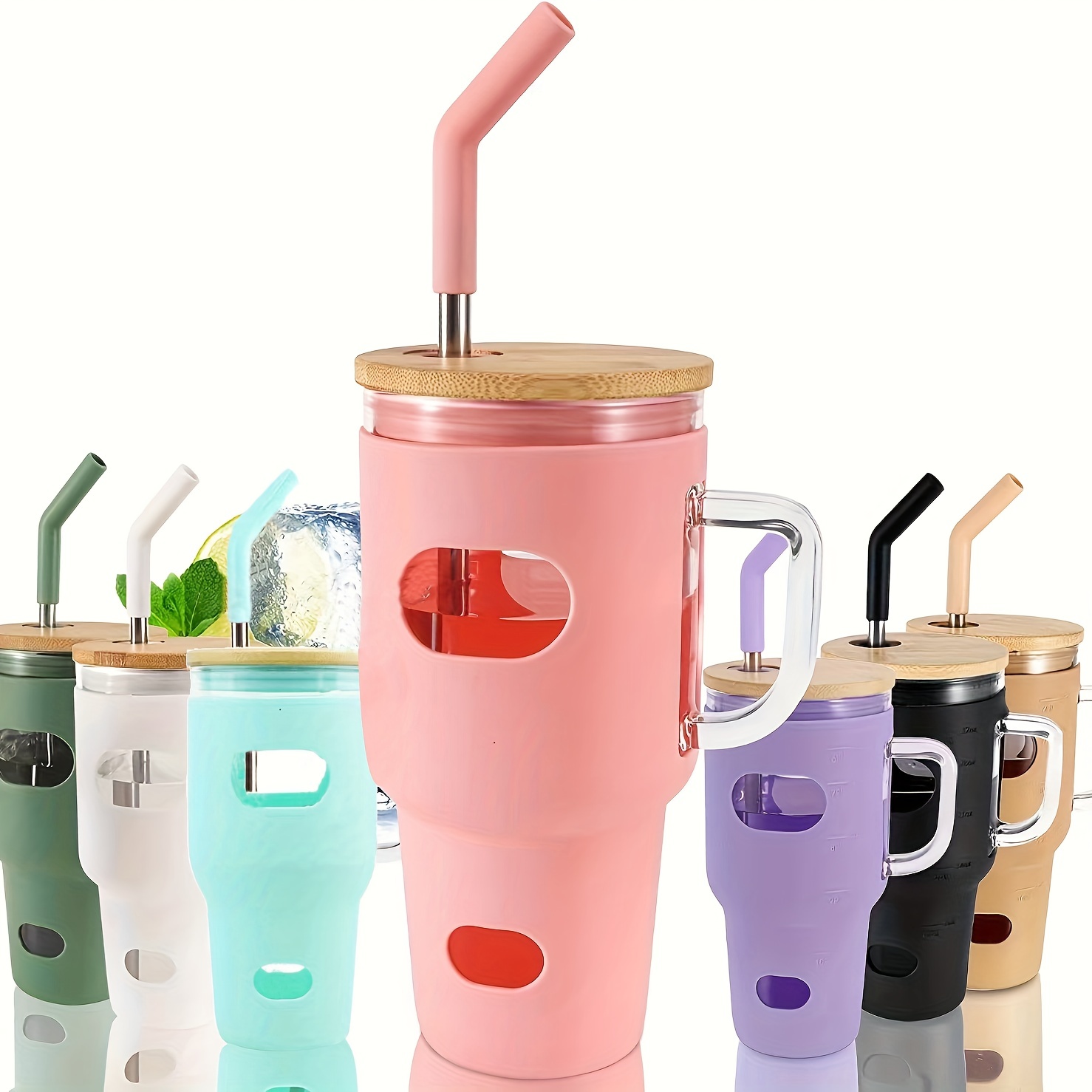 Glass Tumbler With Bamboo Lid And Straw, 32 Oz Iced Coffee Cup With Handle,  Glass Water Bottles With Silicone Sleeve, Two Straw - Boba Straw & Drinkin