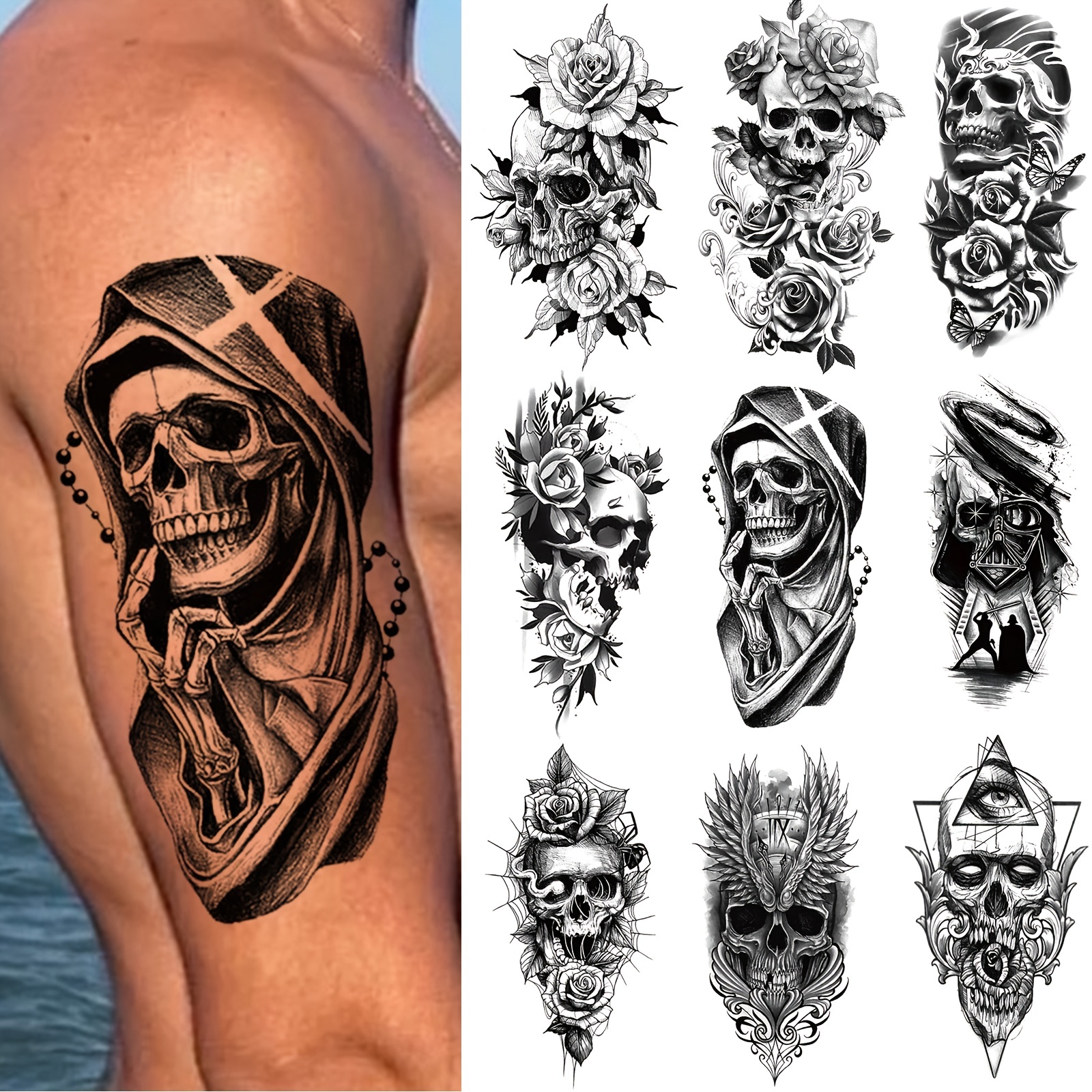 Half Sleeve Arm Temporary Tattoo Sticker Adult Men Skull - Temu