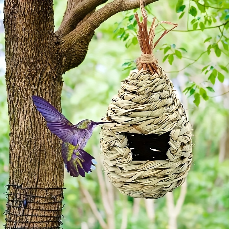 Bird Nest Grass Bird Hut Outdoor Hanging Birdhouse Canaries Nest Chickadee  House, Wren Nest Fiber Hand-Woven Bird House Roosting Pocket Bird Hideaway